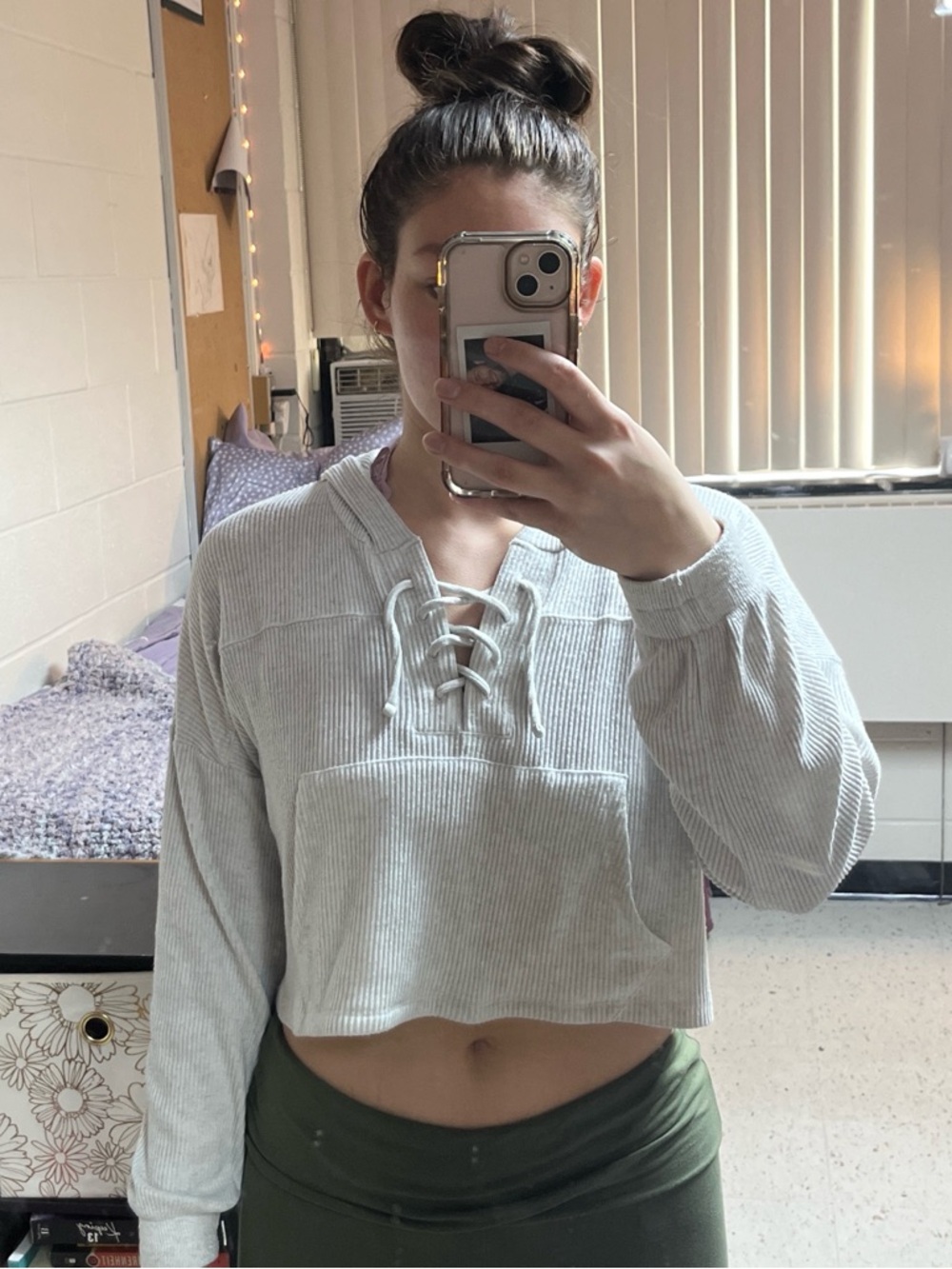 flirtitude Light Gray Cropped Lace-Up Long Sleeve Top